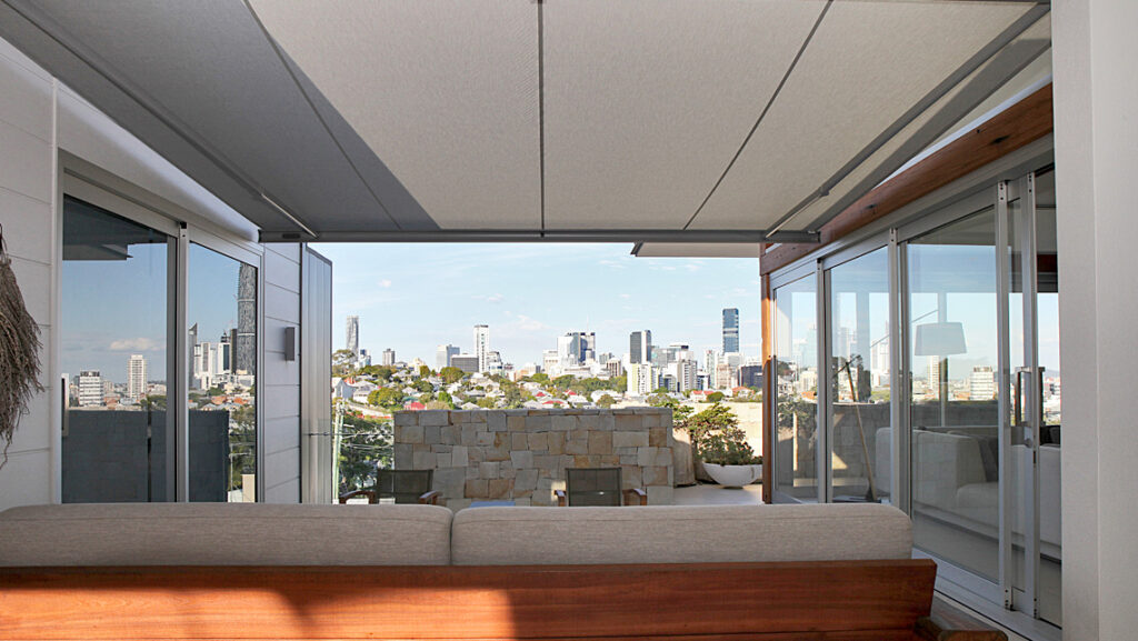 Outdoor awnings Brisbane shown with view of city